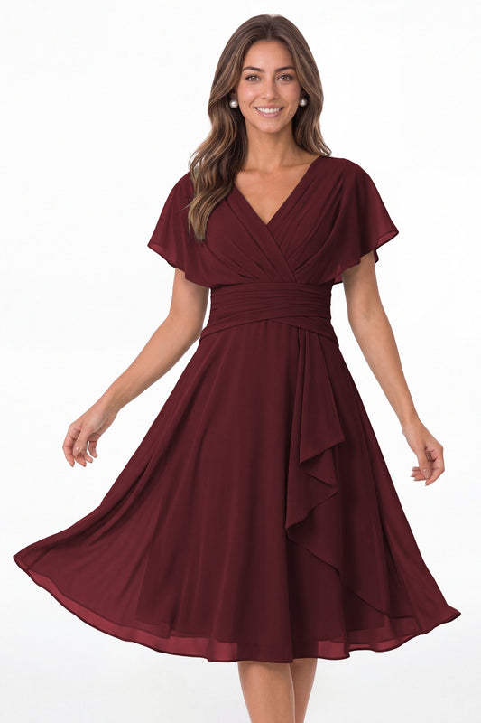 Burgundy V Neck Flutter Sleeve Ruched Chiffon Midi Dress - Front View
