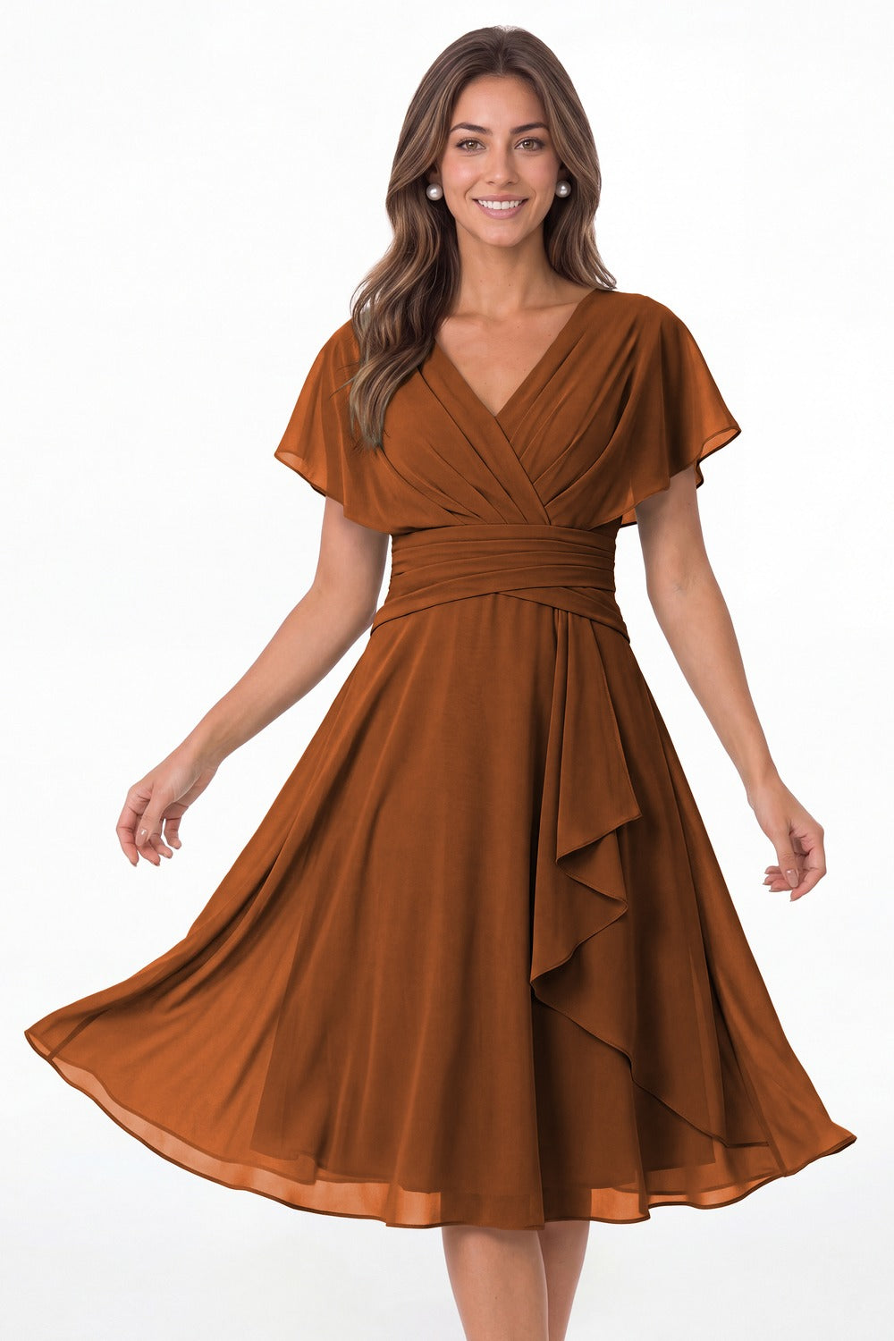 Burnt Orange V Neck Flutter Sleeve Ruched Chiffon Midi Dress - Front View