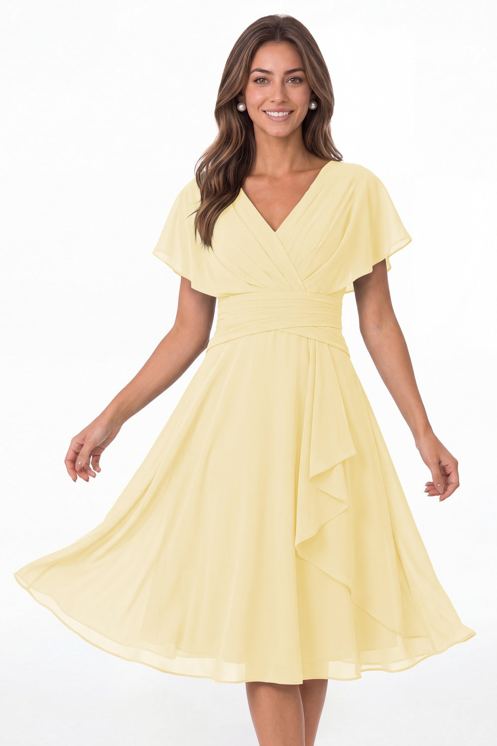 Butter Yellow V Neck Flutter Sleeve Ruched Chiffon Midi Dress - Front View