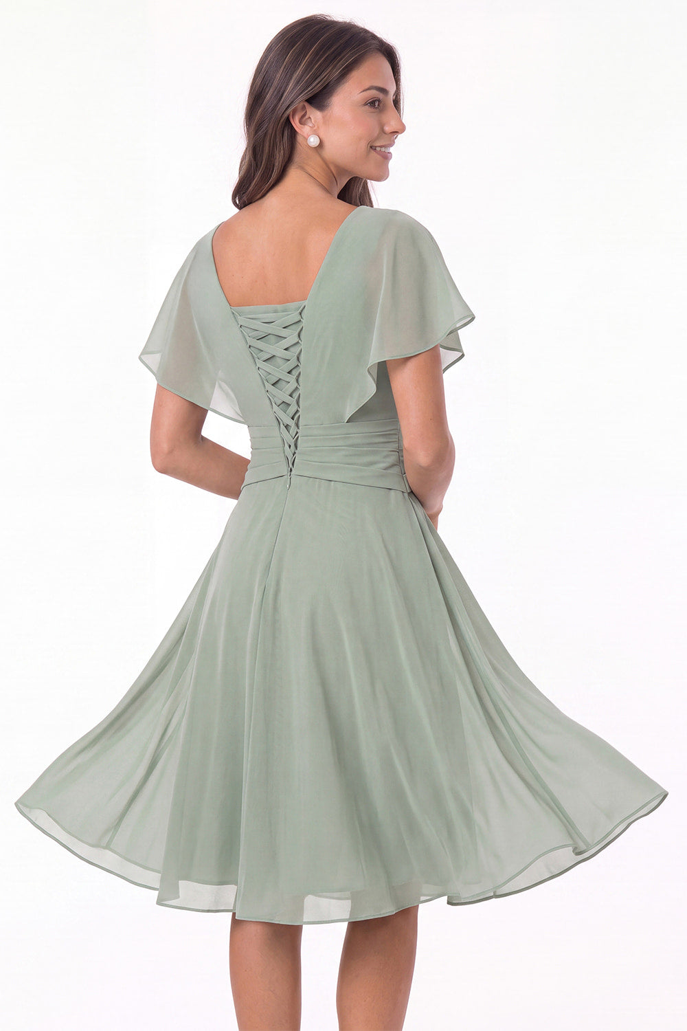 V Neck Flutter Sleeve Ruched Chiffon Midi Dress - Back View