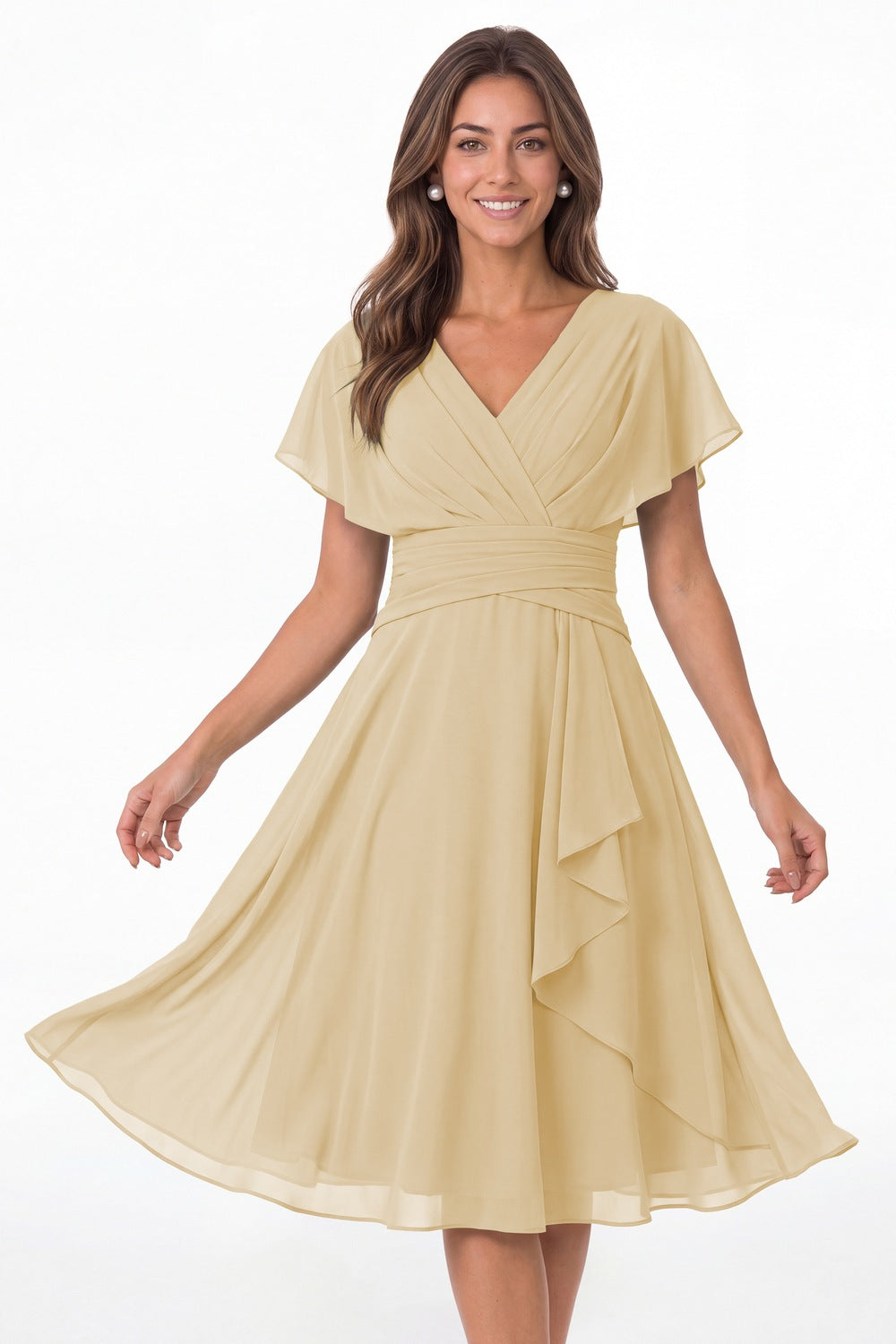 Champagne V Neck Flutter Sleeve Ruched Chiffon Midi Dress - Front View