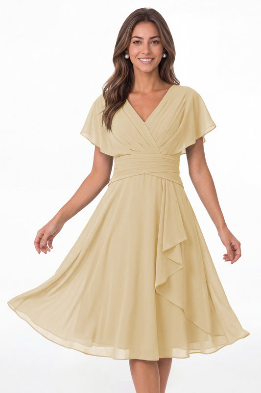 Champagne V Neck Flutter Sleeve Ruched Chiffon Midi Dress - Front View