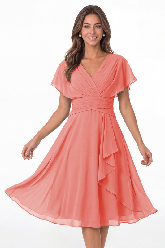 Coral V Neck Flutter Sleeve Ruched Chiffon Midi Dress - Front View
