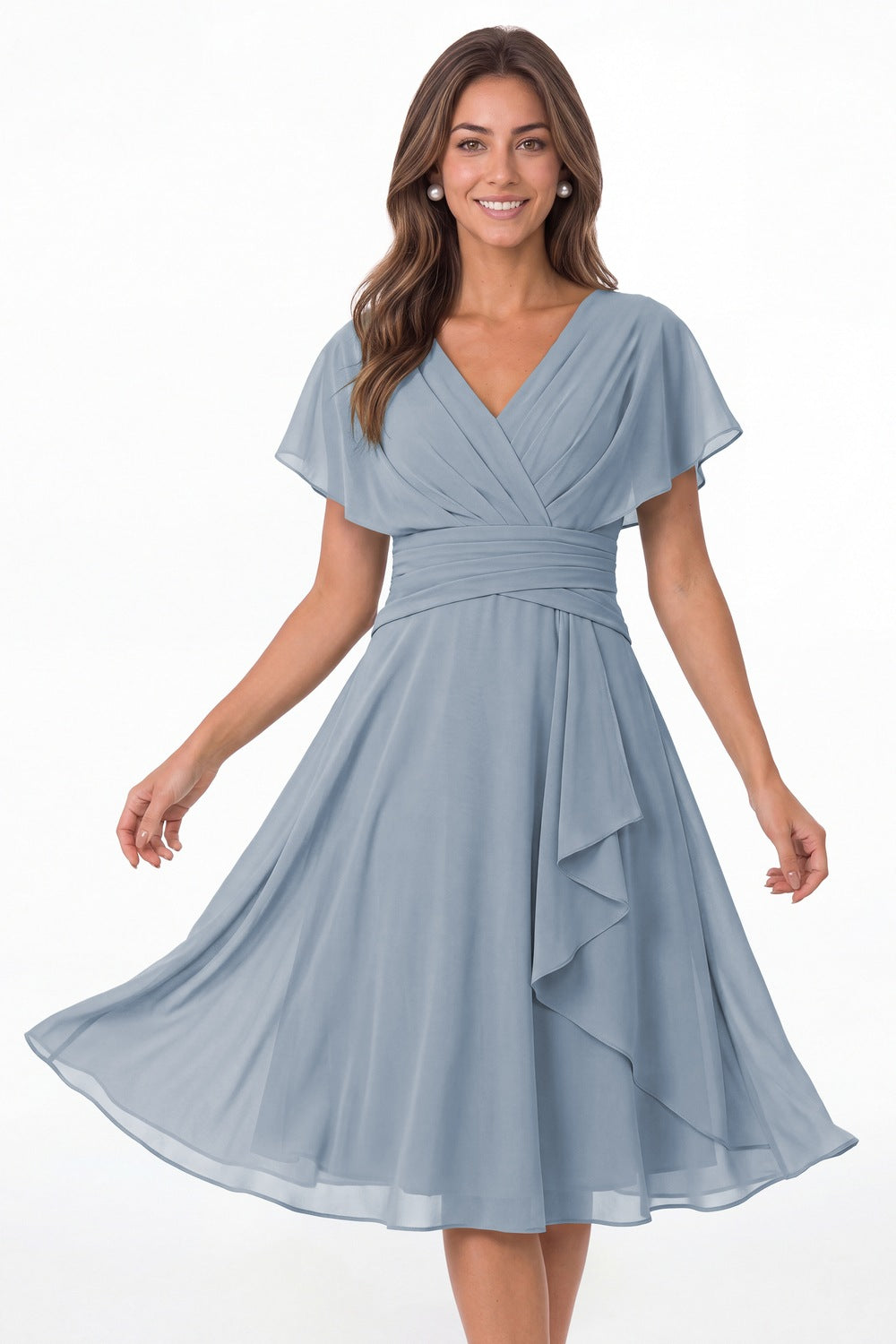 Dusty Blue V Neck Flutter Sleeve Ruched Chiffon Midi Dress - Front View