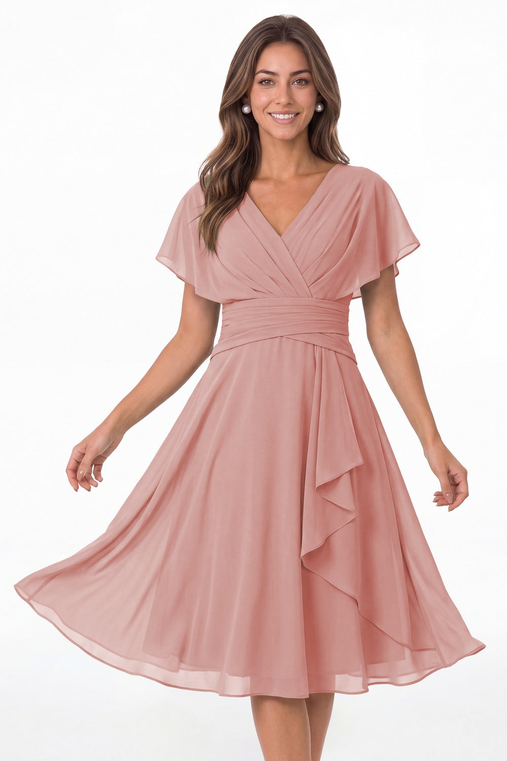 Dusty Rose V Neck Flutter Sleeve Ruched Chiffon Midi Dress - Front View