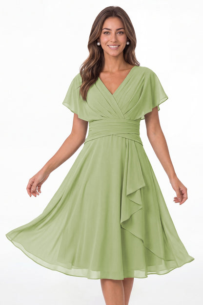 Dusty Sage V Neck Flutter Sleeve Ruched Chiffon Midi Dress - Front View