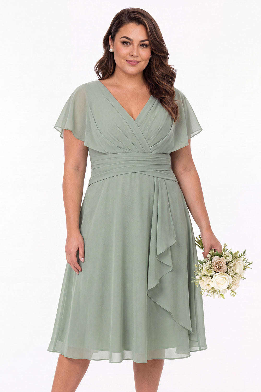 V Neck Flutter Sleeve Ruched Chiffon Midi Dress - Detail View 2