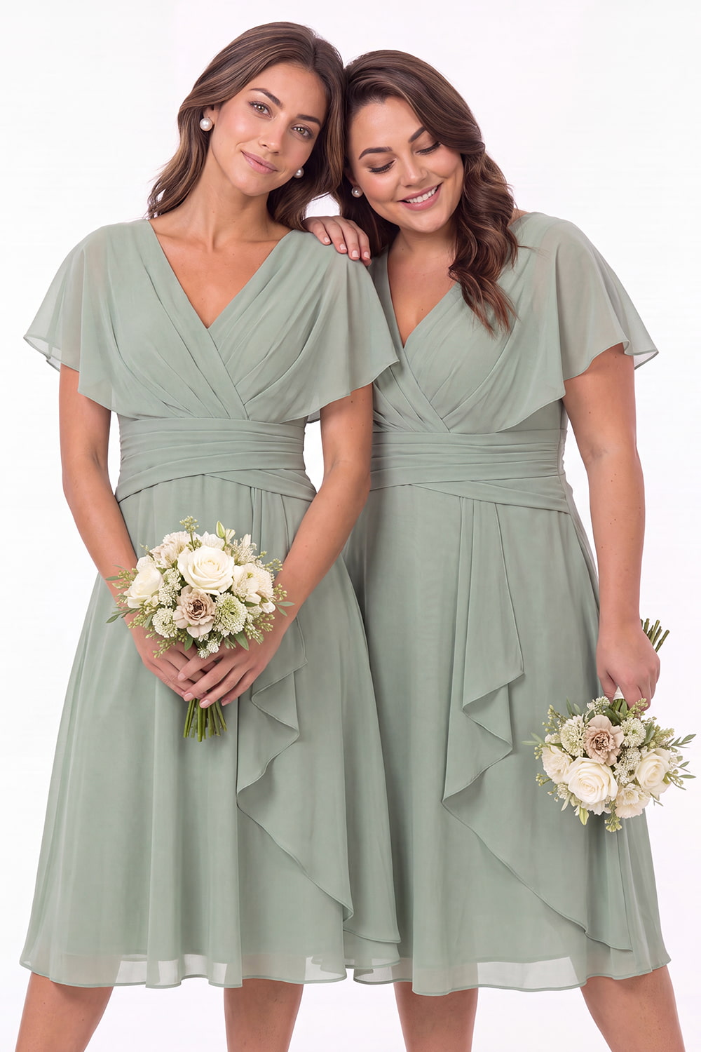 V Neck Flutter Sleeve Ruched Chiffon Midi Dress - Detail View 3