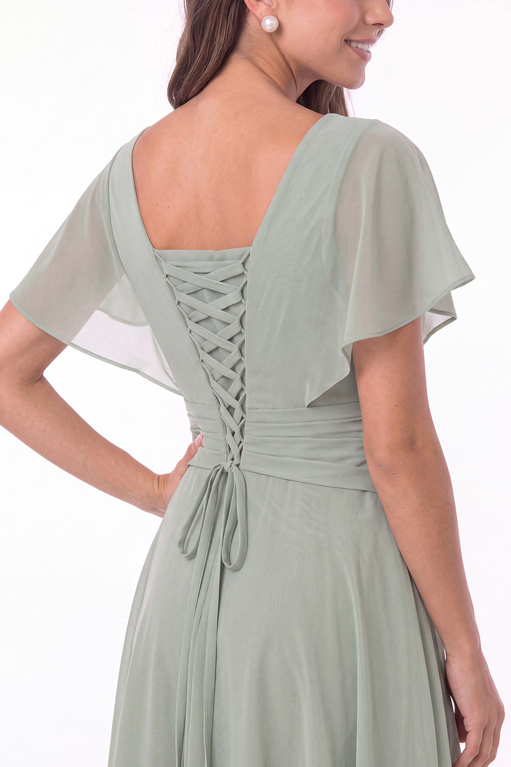 V Neck Flutter Sleeve Ruched Chiffon Midi Dress - Detail View 4