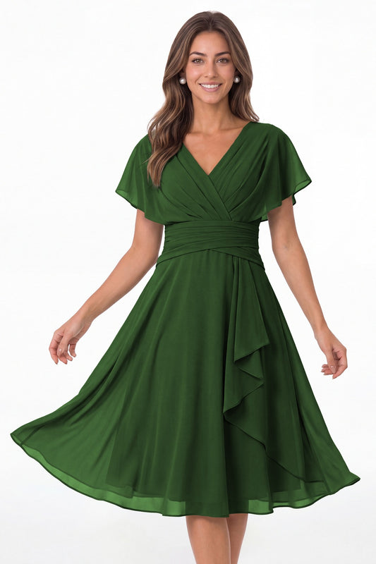 Emerald Green V Neck Flutter Sleeve Ruched Chiffon Midi Dress - Front View