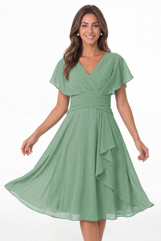 Eucalyptus V Neck Flutter Sleeve Ruched Chiffon Midi Dress - Front View