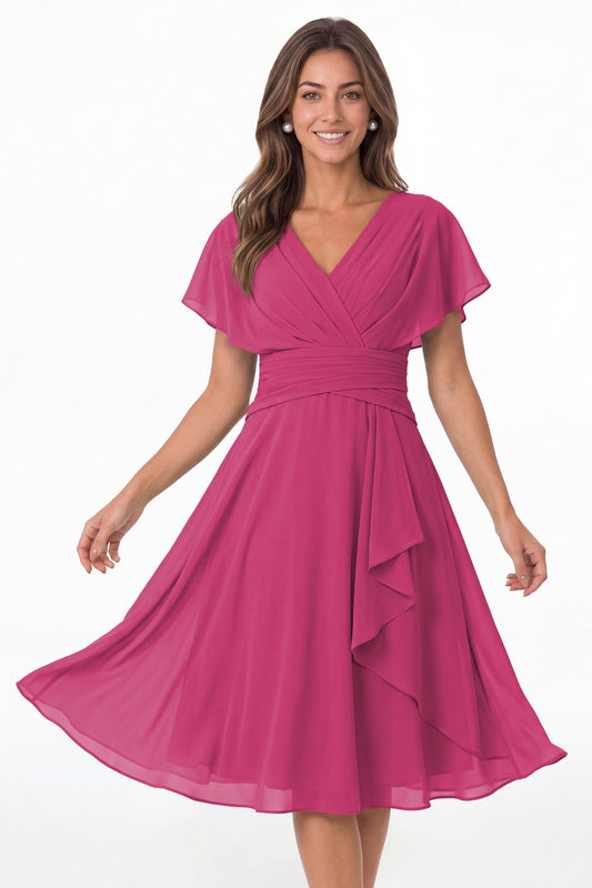 Fuchsia V Neck Flutter Sleeve Ruched Chiffon Midi Dress - Front View