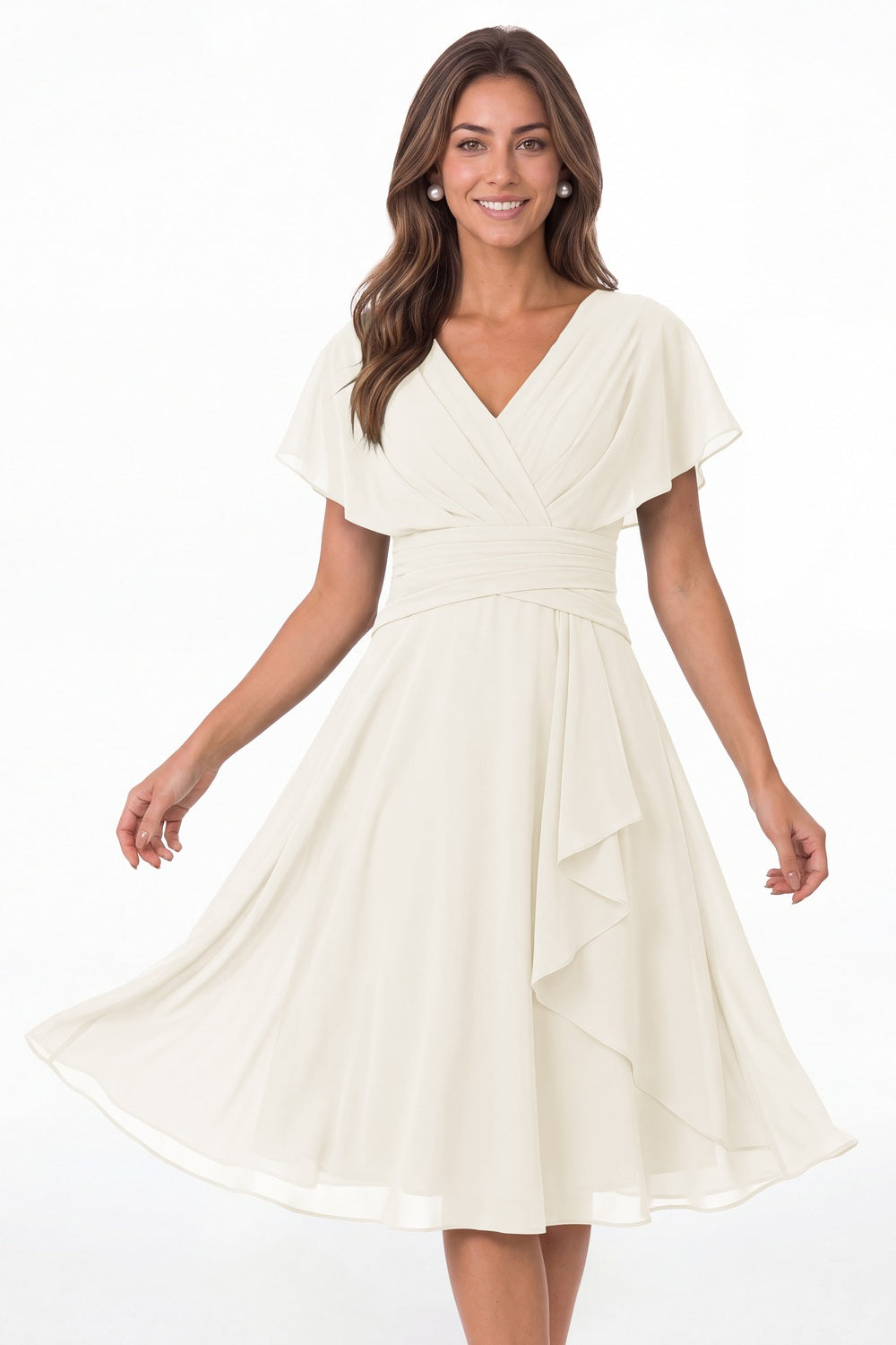Ivory V Neck Flutter Sleeve Ruched Chiffon Midi Dress - Front View