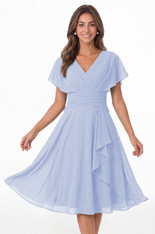 Lavender V Neck Flutter Sleeve Ruched Chiffon Midi Dress - Front View