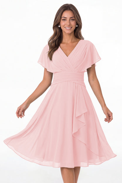 Light Pink V Neck Flutter Sleeve Ruched Chiffon Midi Dress - Front View