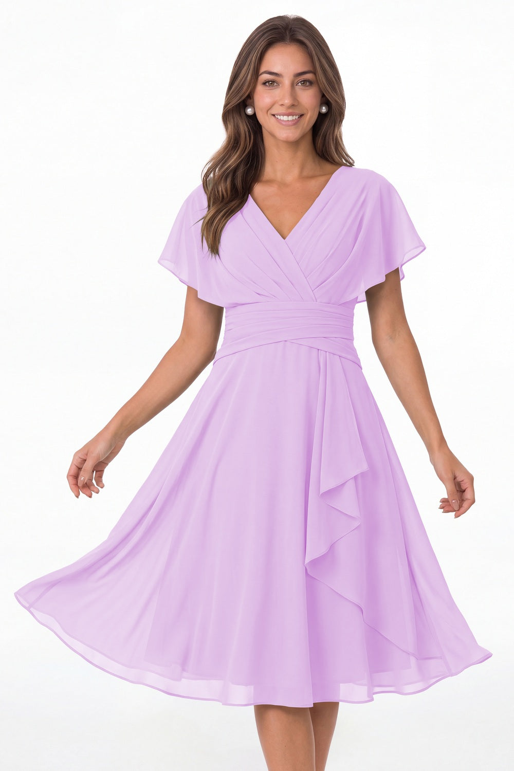 Lilac V Neck Flutter Sleeve Ruched Chiffon Midi Dress - Front View