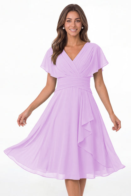 Lilac V Neck Flutter Sleeve Ruched Chiffon Midi Dress - Front View