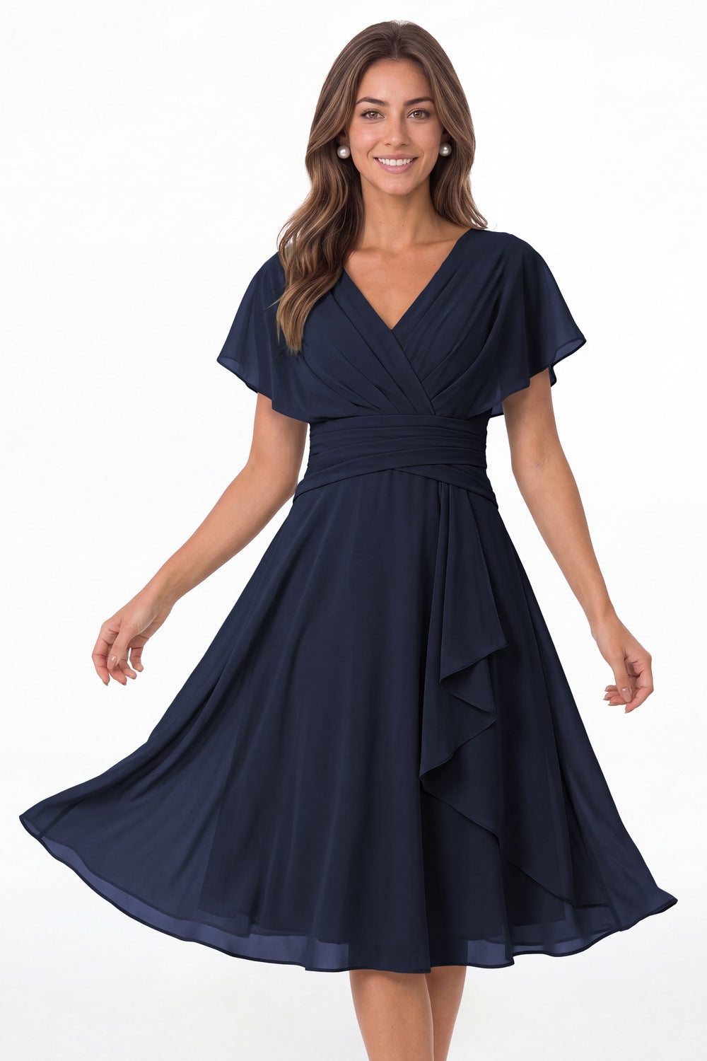 Navy Blue V Neck Flutter Sleeve Ruched Chiffon Midi Dress - Front View