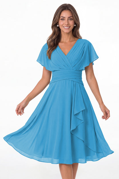 Ocean Blue V Neck Flutter Sleeve Ruched Chiffon Midi Dress - Front View