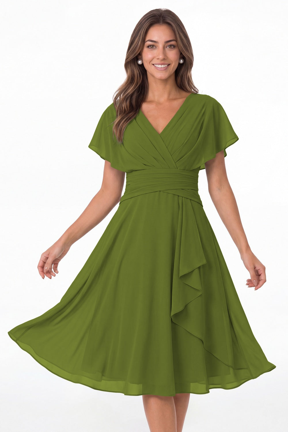 Olive Green V Neck Flutter Sleeve Ruched Chiffon Midi Dress - Front View