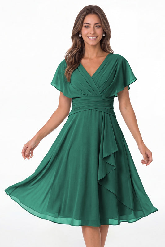 Peacock V Neck Flutter Sleeve Ruched Chiffon Midi Dress - Front View