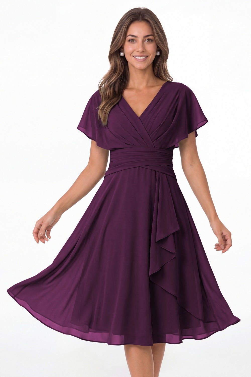 Plum V Neck Flutter Sleeve Ruched Chiffon Midi Dress - Front View