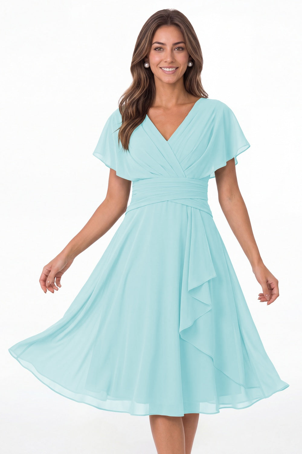 Powder Blue V Neck Flutter Sleeve Ruched Chiffon Midi Dress - Front View
