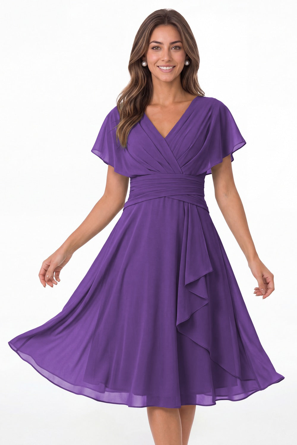 Purple V Neck Flutter Sleeve Ruched Chiffon Midi Dress - Front View