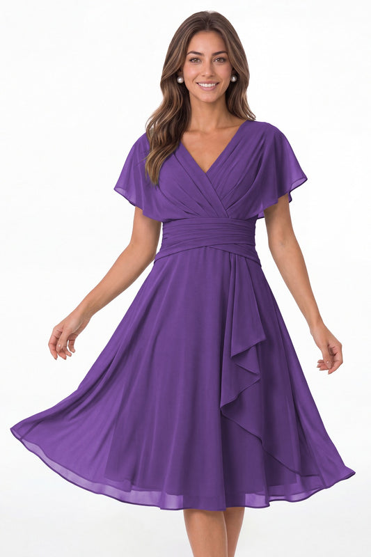 Purple V Neck Flutter Sleeve Ruched Chiffon Midi Dress - Front View