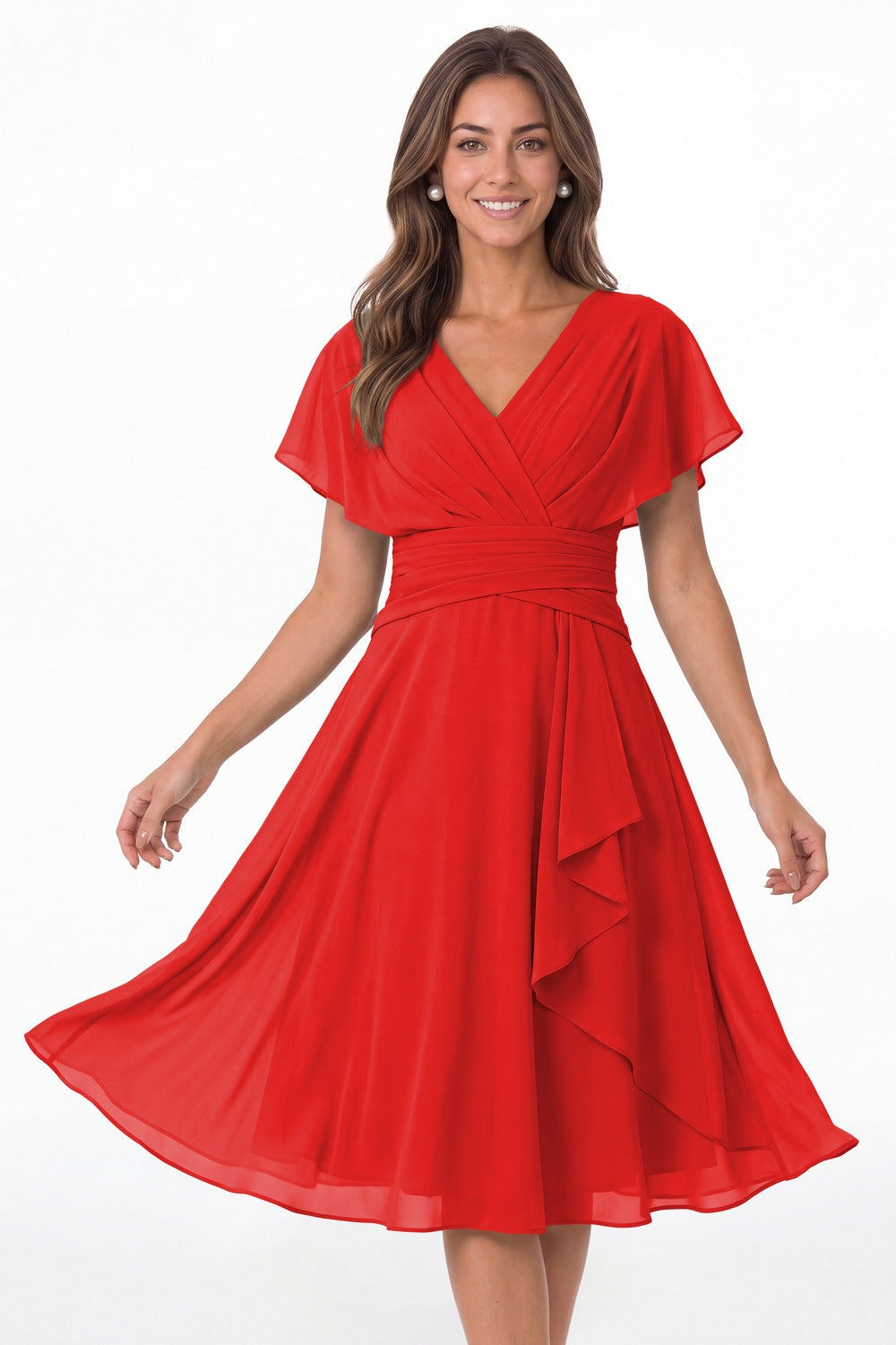 Red V Neck Flutter Sleeve Ruched Chiffon Midi Dress - Front View