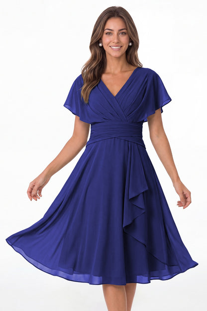 Royal Blue V Neck Flutter Sleeve Ruched Chiffon Midi Dress - Front View