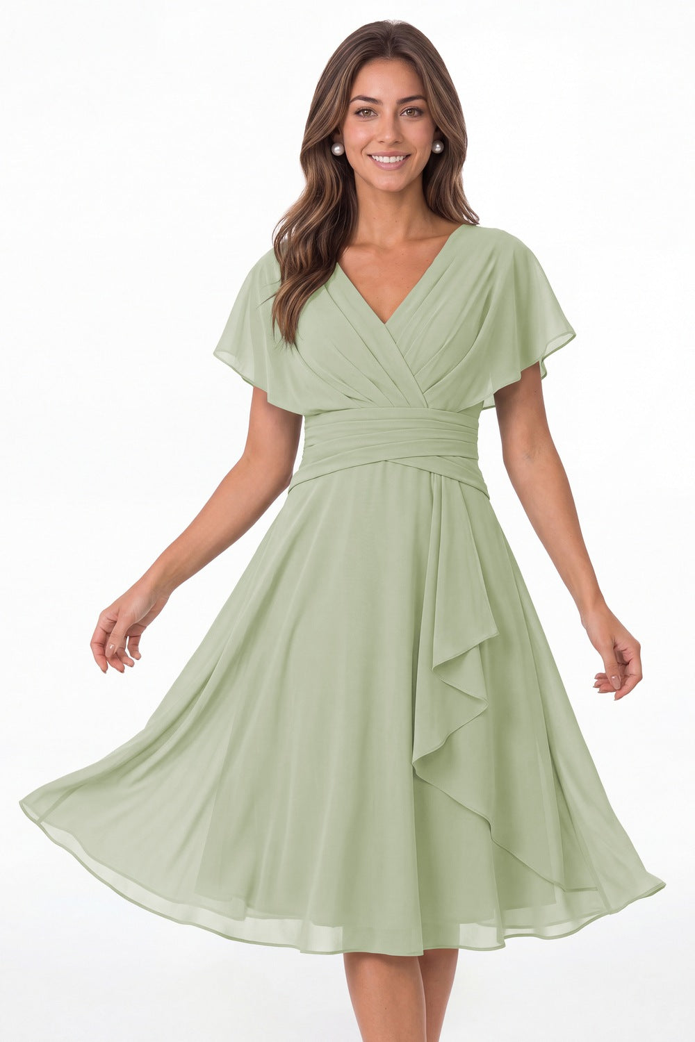 Sage Green V Neck Flutter Sleeve Ruched Chiffon Midi Dress - Front View