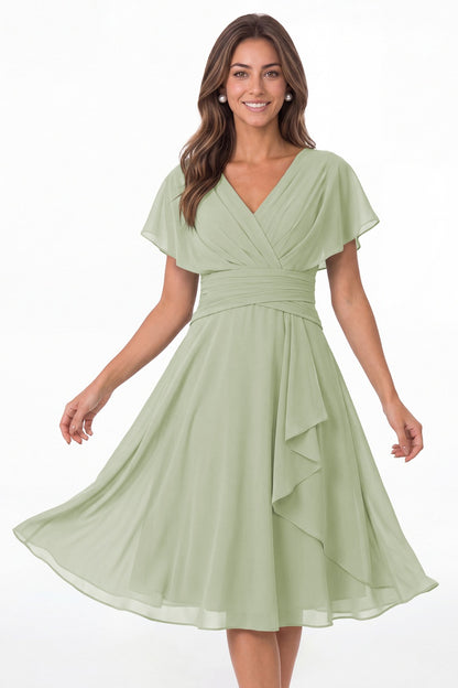 Sage Green V Neck Flutter Sleeve Ruched Chiffon Midi Dress - Front View
