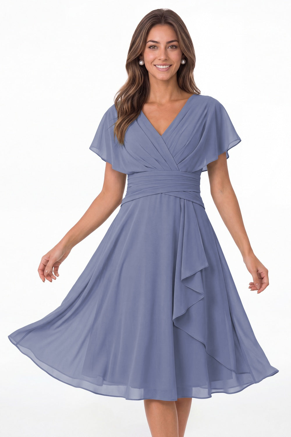 Steel Blue V Neck Flutter Sleeve Ruched Chiffon Midi Dress - Front View