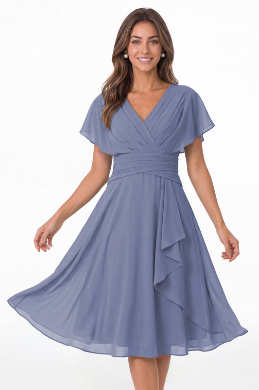 Steel Blue V Neck Flutter Sleeve Ruched Chiffon Midi Dress - Front View