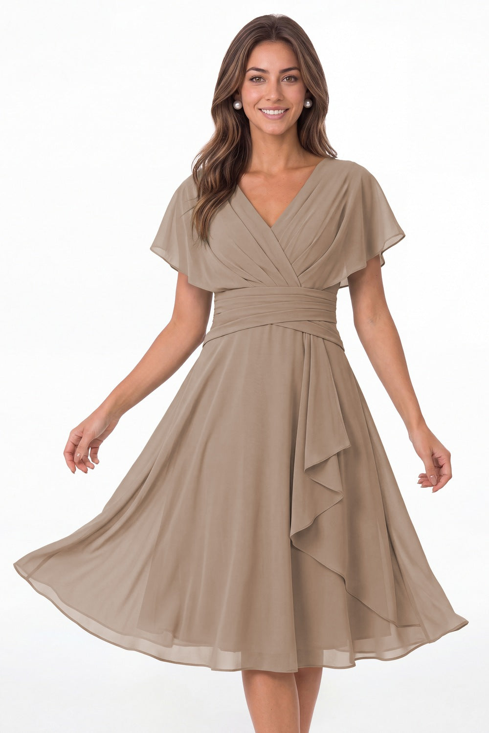 Taupe V Neck Flutter Sleeve Ruched Chiffon Midi Dress - Front View
