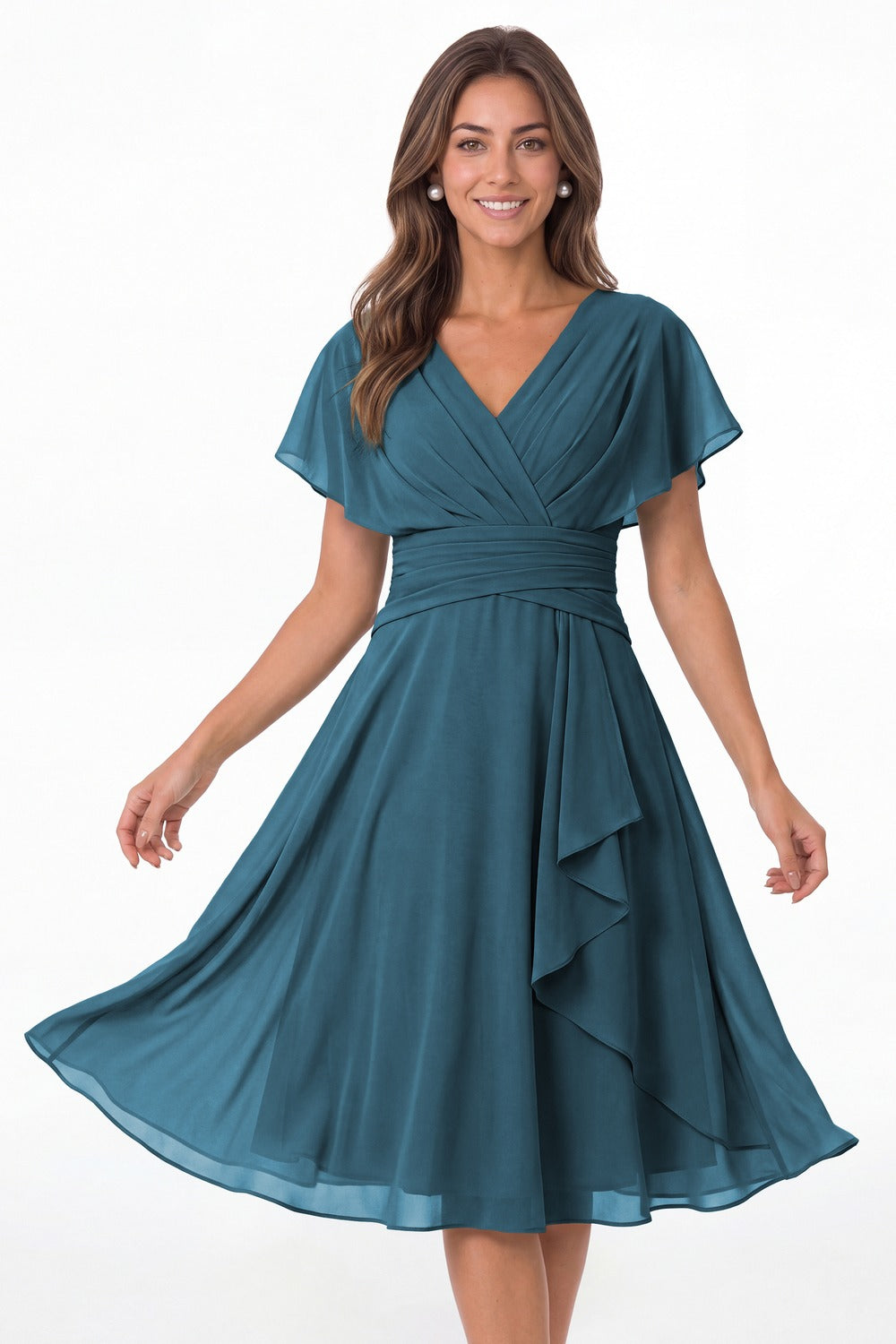 Teal V Neck Flutter Sleeve Ruched Chiffon Midi Dress - Front View