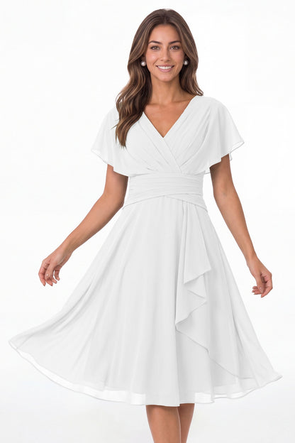 White V Neck Flutter Sleeve Ruched Chiffon Midi Dress - Front View