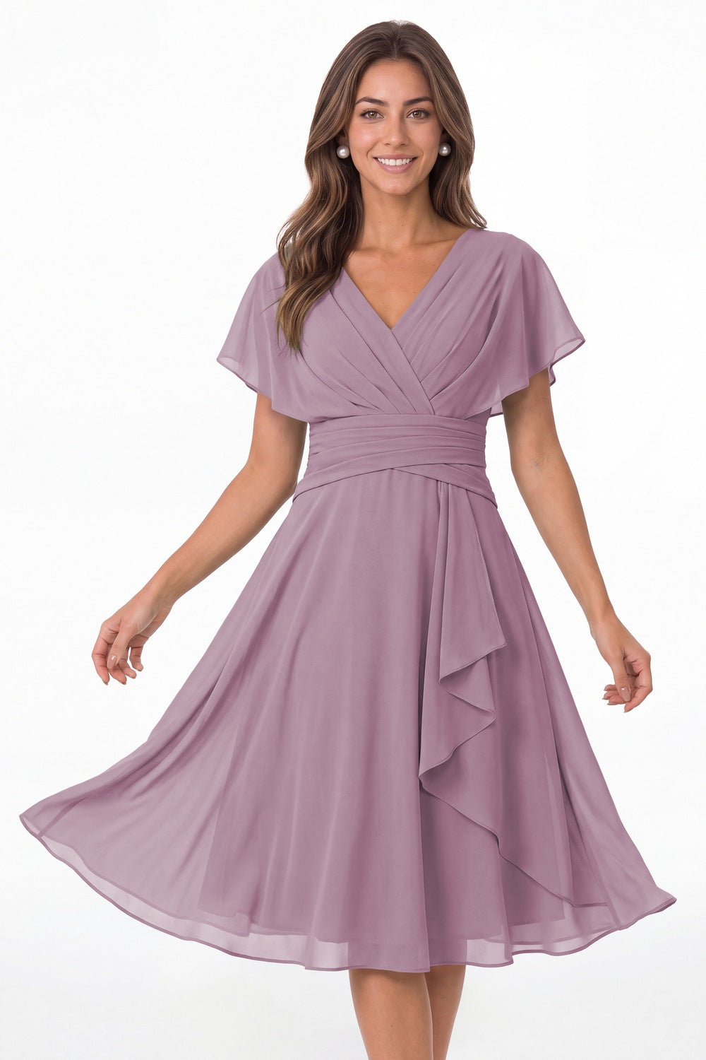 Wisteria V Neck Flutter Sleeve Ruched Chiffon Midi Dress - Front View