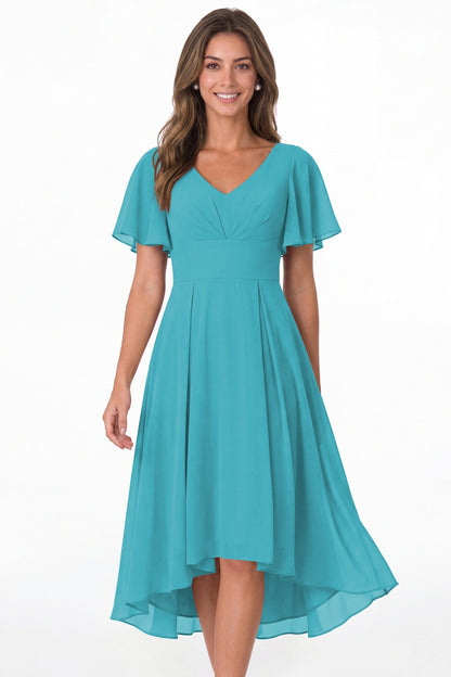 Aqua Blue V Neck High Low Flutter Sleeve Chiffon Midi Dress - Front View