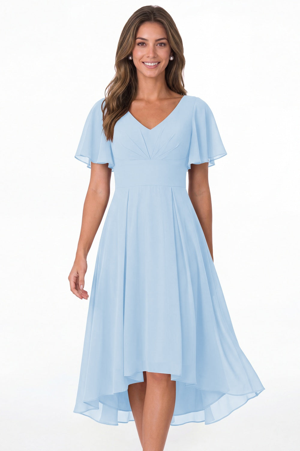Baby Blue V Neck High Low Flutter Sleeve Chiffon Midi Dress - Front View