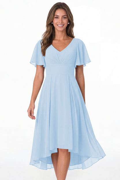 Baby Blue V Neck High Low Flutter Sleeve Chiffon Midi Dress - Front View