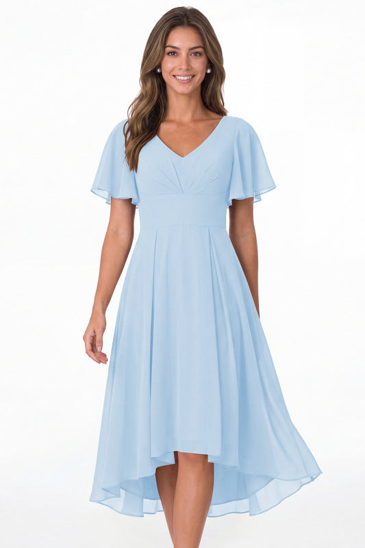 Baby Blue V Neck High Low Flutter Sleeve Chiffon Midi Dress - Front View