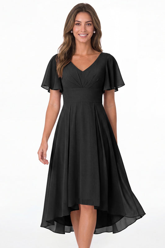 Black V Neck High Low Flutter Sleeve Chiffon Midi Dress - Front View