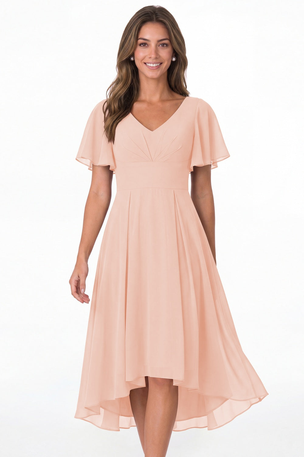 Blush Pink V Neck High Low Flutter Sleeve Chiffon Midi Dress - Front View