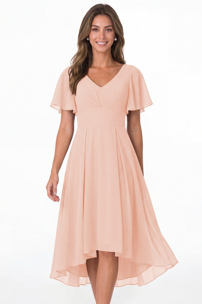 Blush Pink V Neck High Low Flutter Sleeve Chiffon Midi Dress - Front View