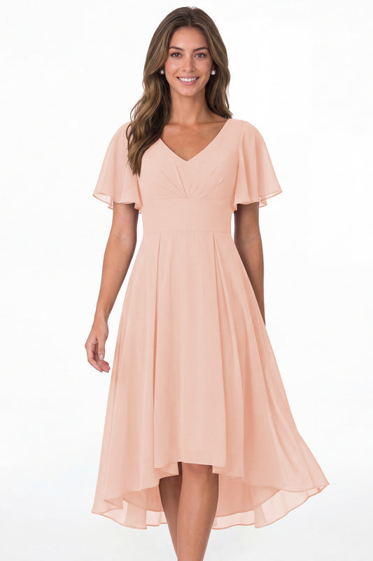 Blush Pink V Neck High Low Flutter Sleeve Chiffon Midi Dress - Front View