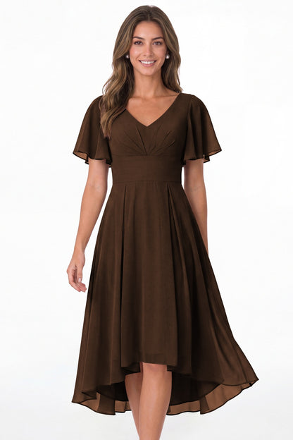 Brown V Neck High Low Flutter Sleeve Chiffon Midi Dress - Front View