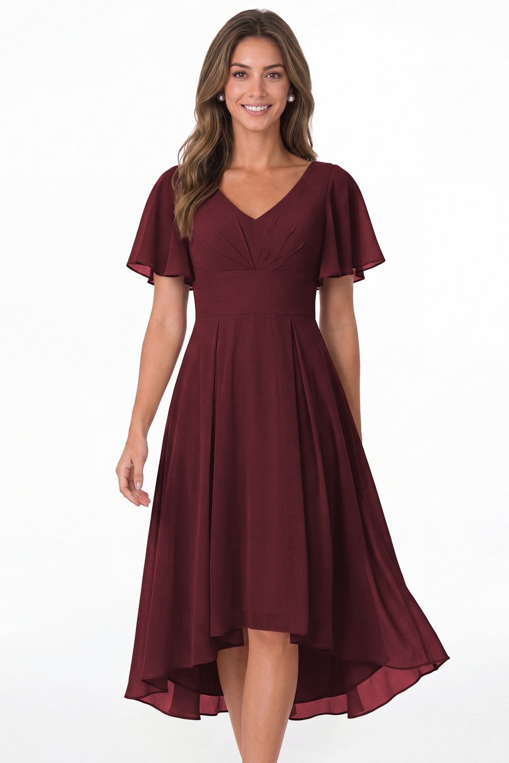 Burgundy V Neck High Low Flutter Sleeve Chiffon Midi Dress - Front View