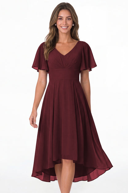Burgundy V Neck High Low Flutter Sleeve Chiffon Midi Dress - Front View